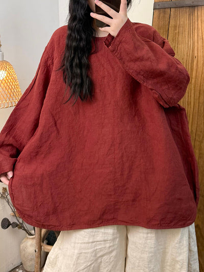 Women Autumn Retro Pure Color O-Neck Linen Shirt