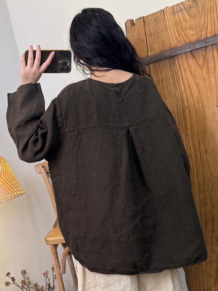 Women Autumn Retro Pure Color O-Neck Linen Shirt