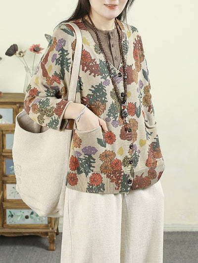Women Autumn Artsy Flower Knitted V-Neck Sweater