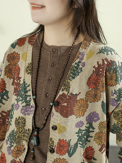 Women Autumn Artsy Flower Knitted V-Neck Sweater