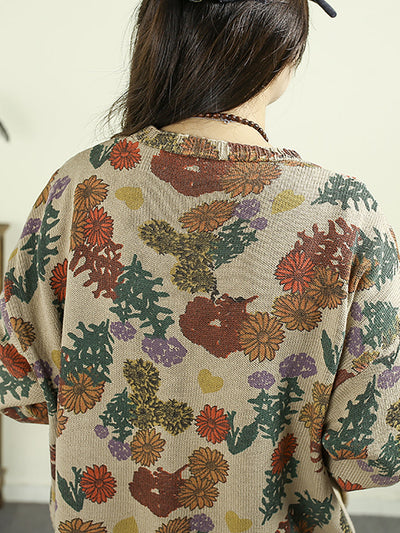 Women Autumn Artsy Flower Knitted V-Neck Sweater