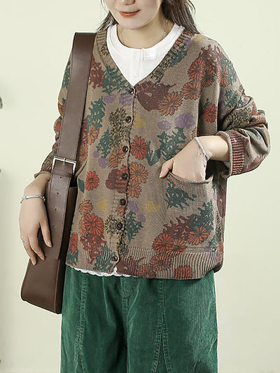 Women Autumn Artsy Flower Knitted V-Neck Sweater
