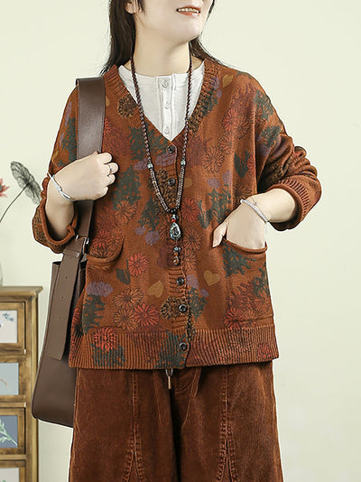 Women Autumn Artsy Flower Knitted V-Neck Sweater