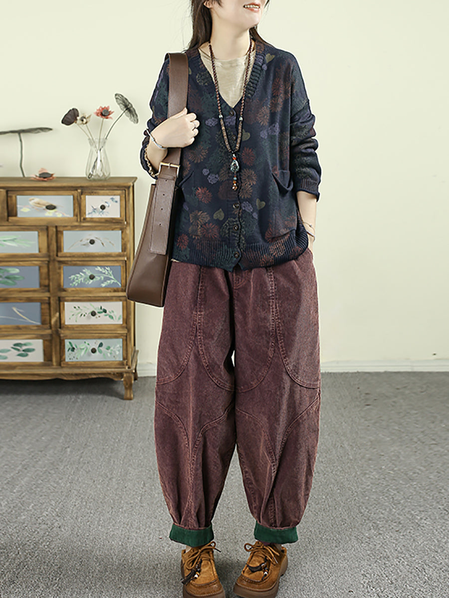 Women Autumn Artsy Flower Knitted V-Neck Sweater