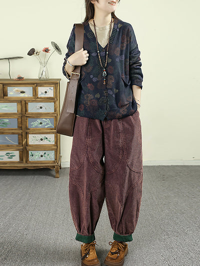 Women Autumn Artsy Flower Knitted V-Neck Sweater