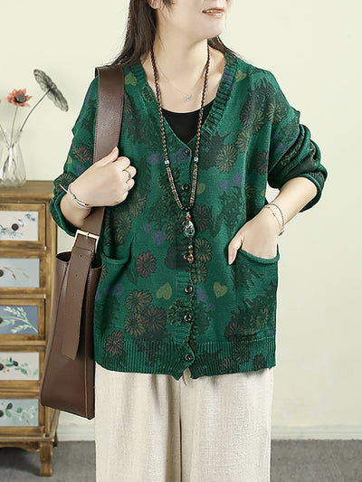 Women Autumn Artsy Flower Knitted V-Neck Sweater