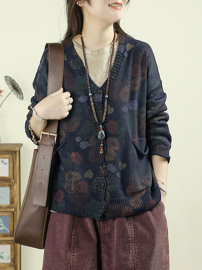 Women Autumn Artsy Flower Knitted V-Neck Sweater
