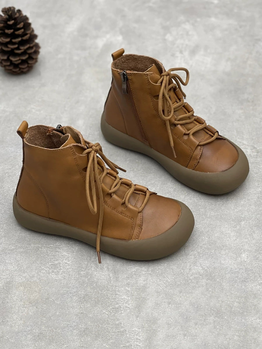 Women Vintage Pure Color Genuine Leather Ankle Boots