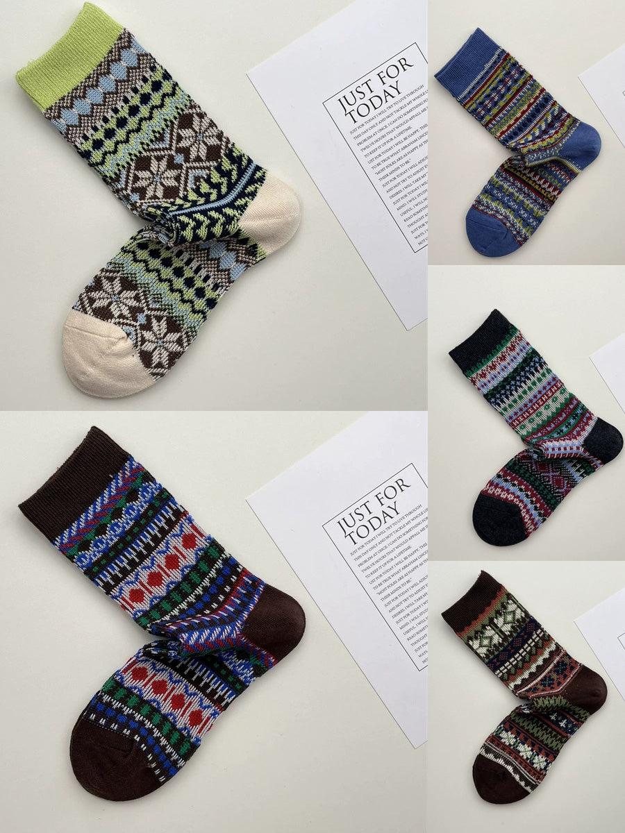 5 Pairs Women Vintage Winter Stripe Cotton Socks