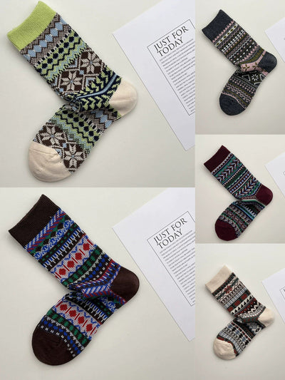 5 Pairs Women Vintage Winter Stripe Cotton Socks