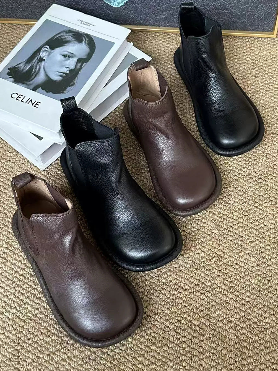 Women Autumn Pure Color Soft Leather Flat Boots