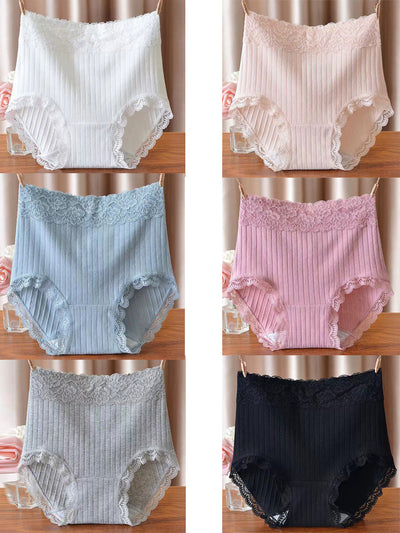 6 Pieces Women Pure Color High Waist Lace Underwear