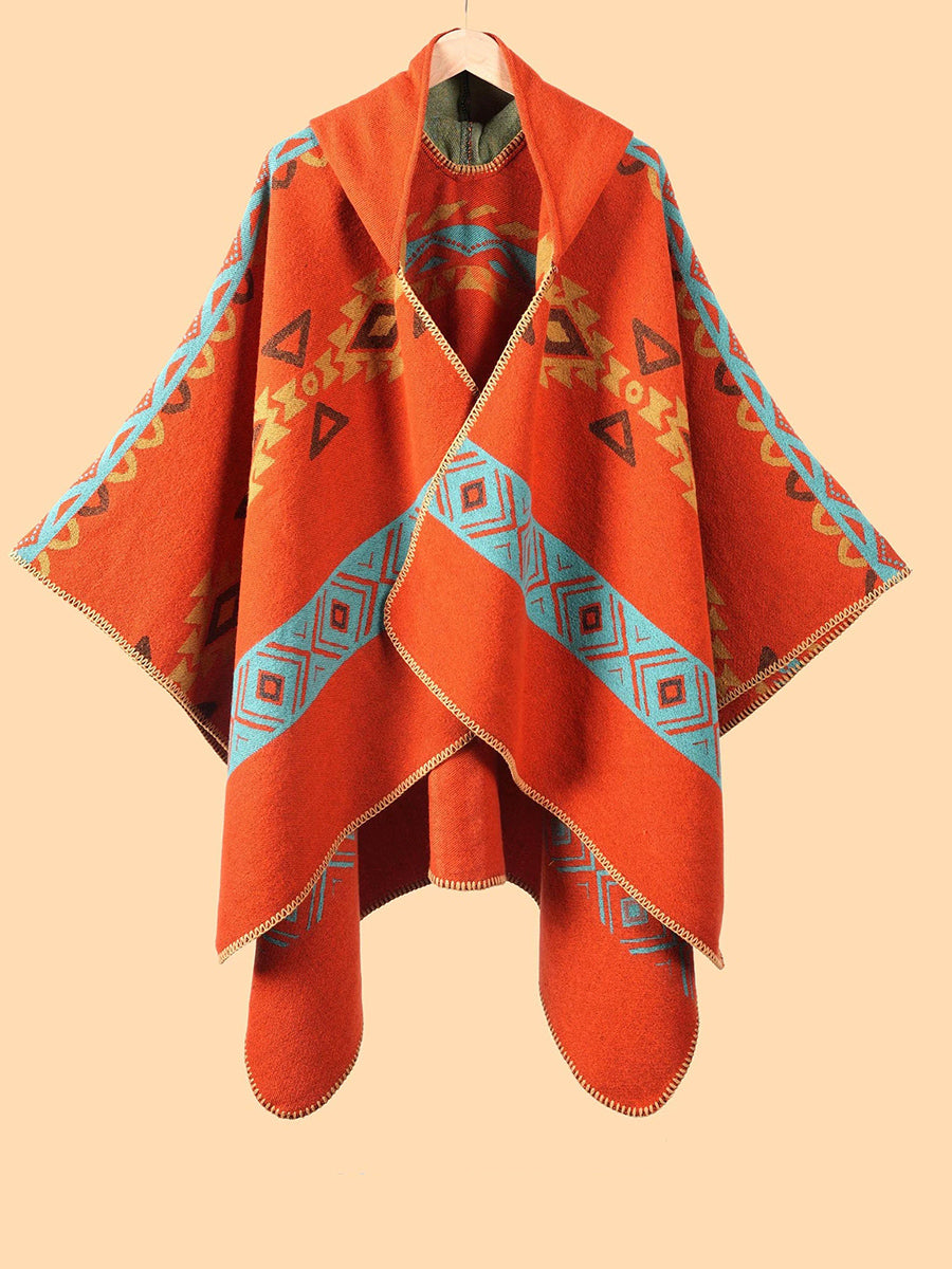 Ethnic Geometric Winter Warm Hooded Shawl