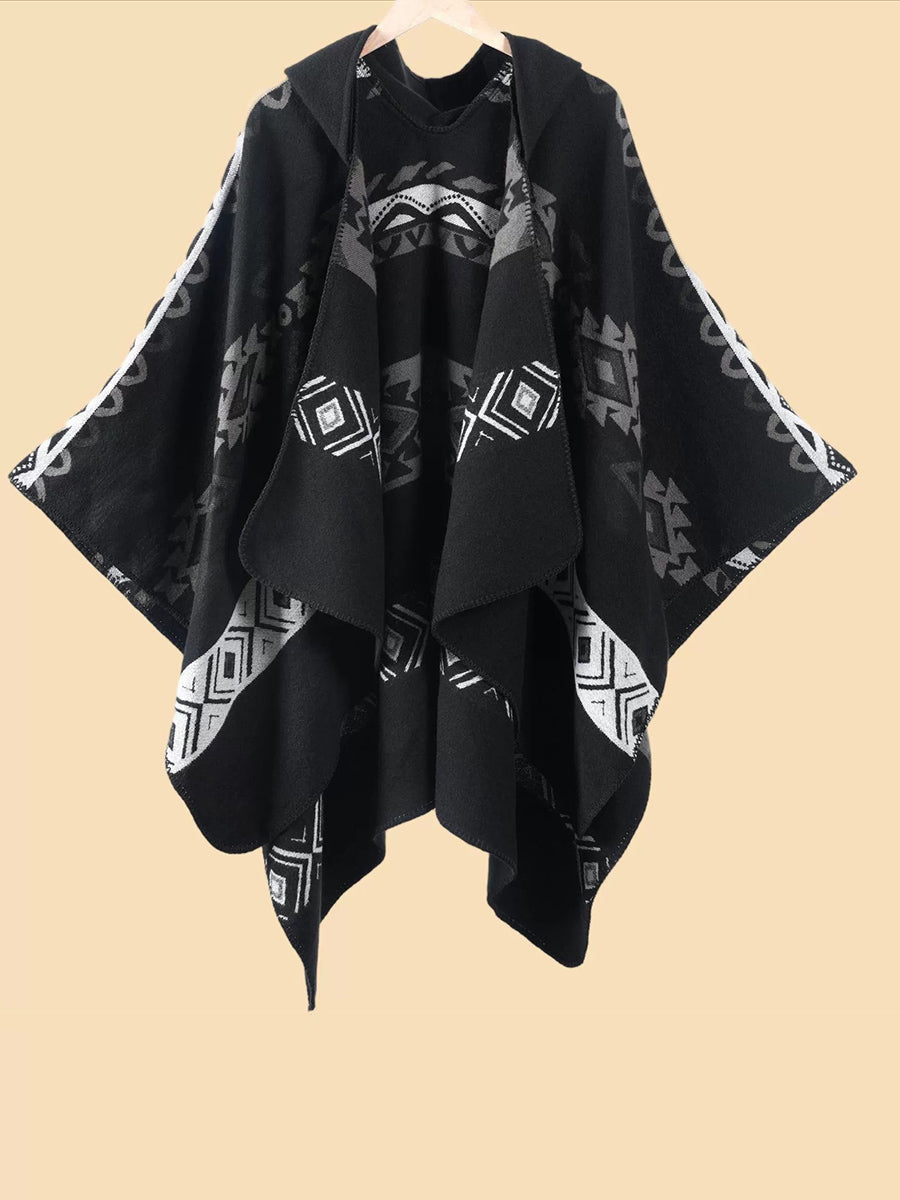 Ethnic Geometric Winter Warm Hooded Shawl
