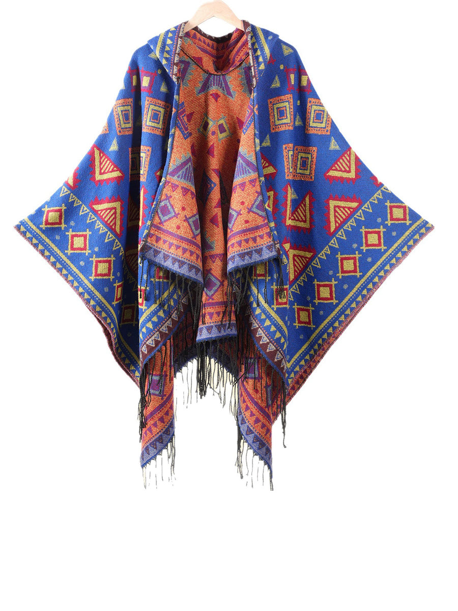 Ethnic Geometric Winter Warm Hooded Shawl