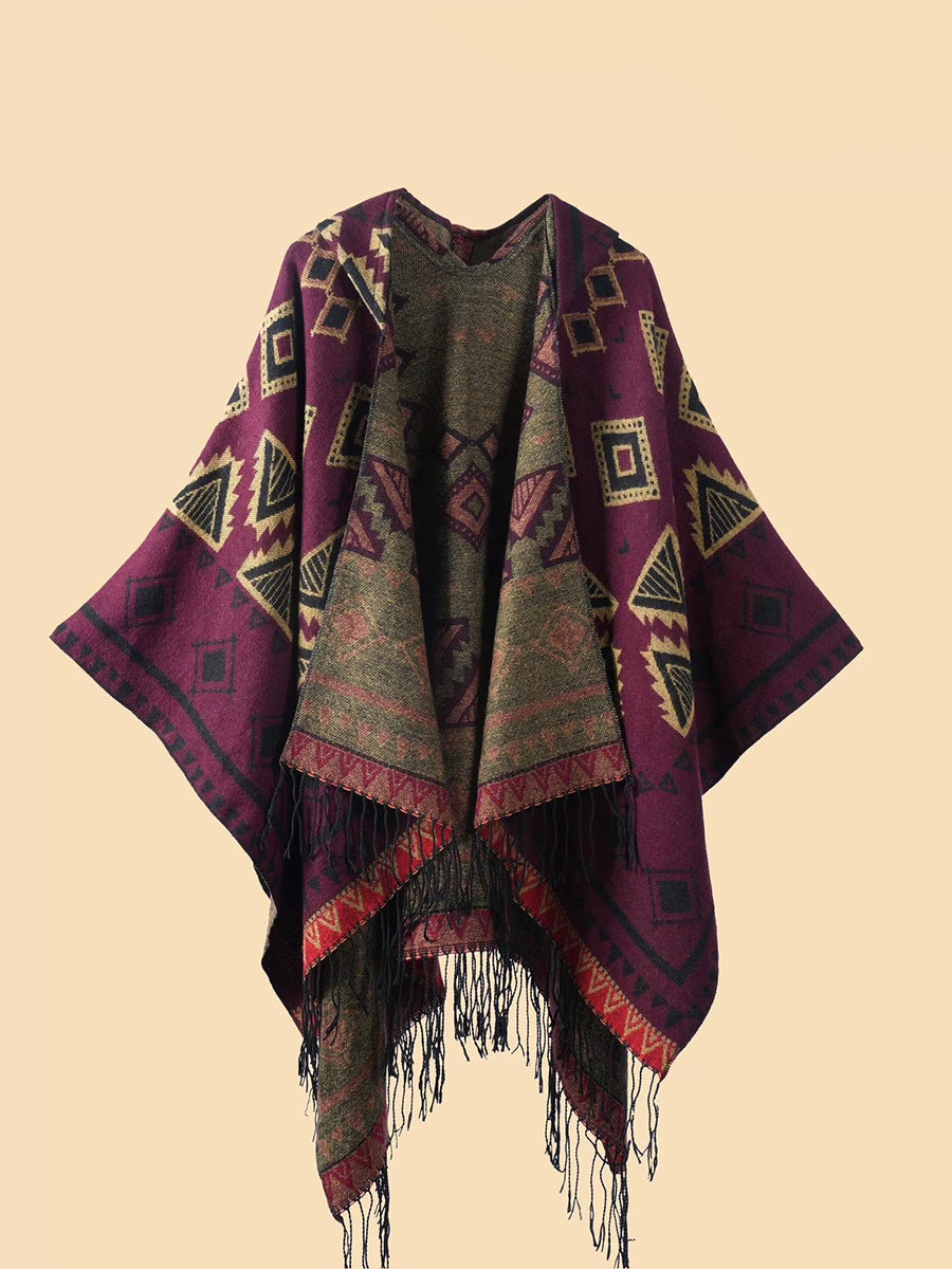 Ethnic Geometric Winter Warm Hooded Shawl