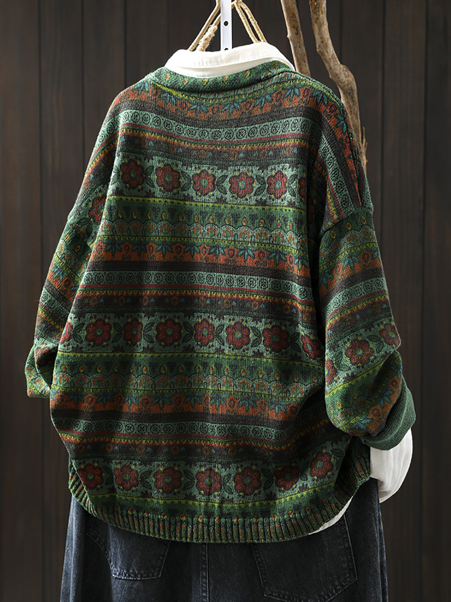 Women Autumn Retro Flower Stripe V-Neck Knitted Sweater