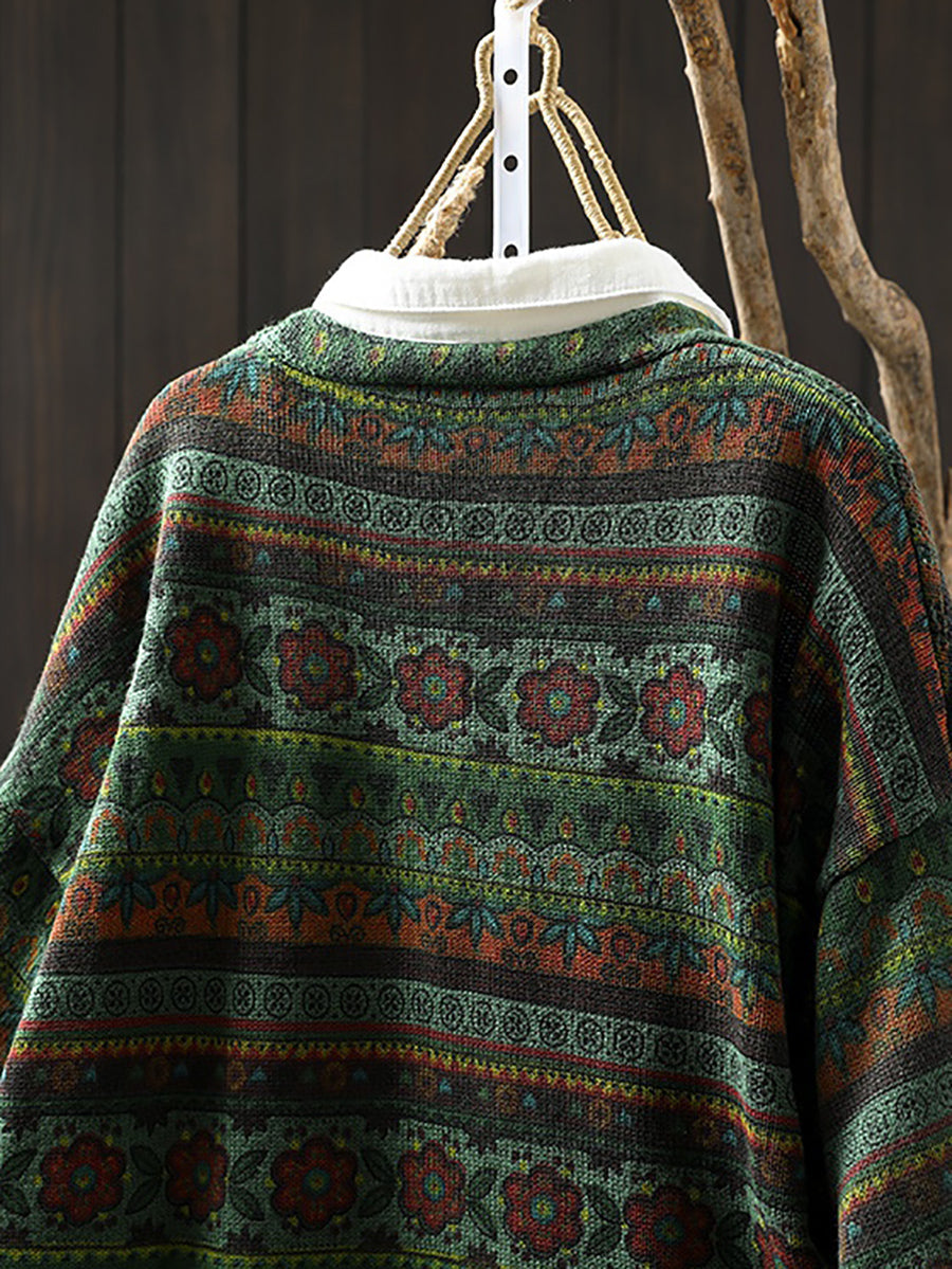 Women Autumn Retro Flower Stripe V-Neck Knitted Sweater