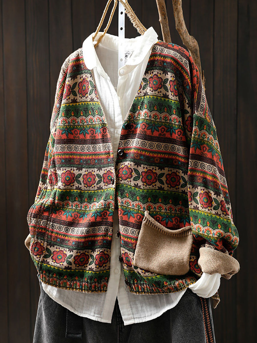 Women Autumn Retro Flower Stripe V-Neck Knitted Sweater