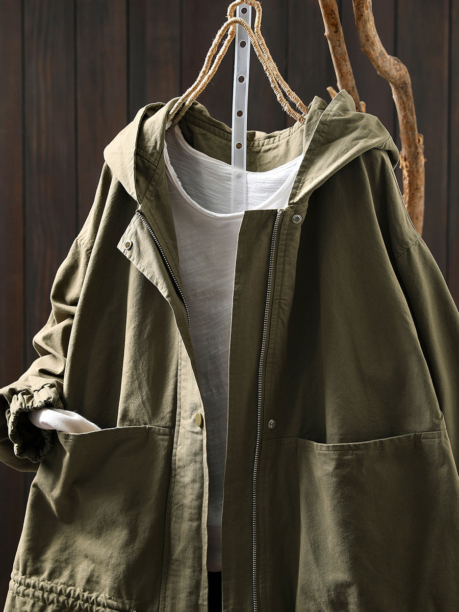 Women Autumn Casual Pure Color Hooded Cotton Jacket