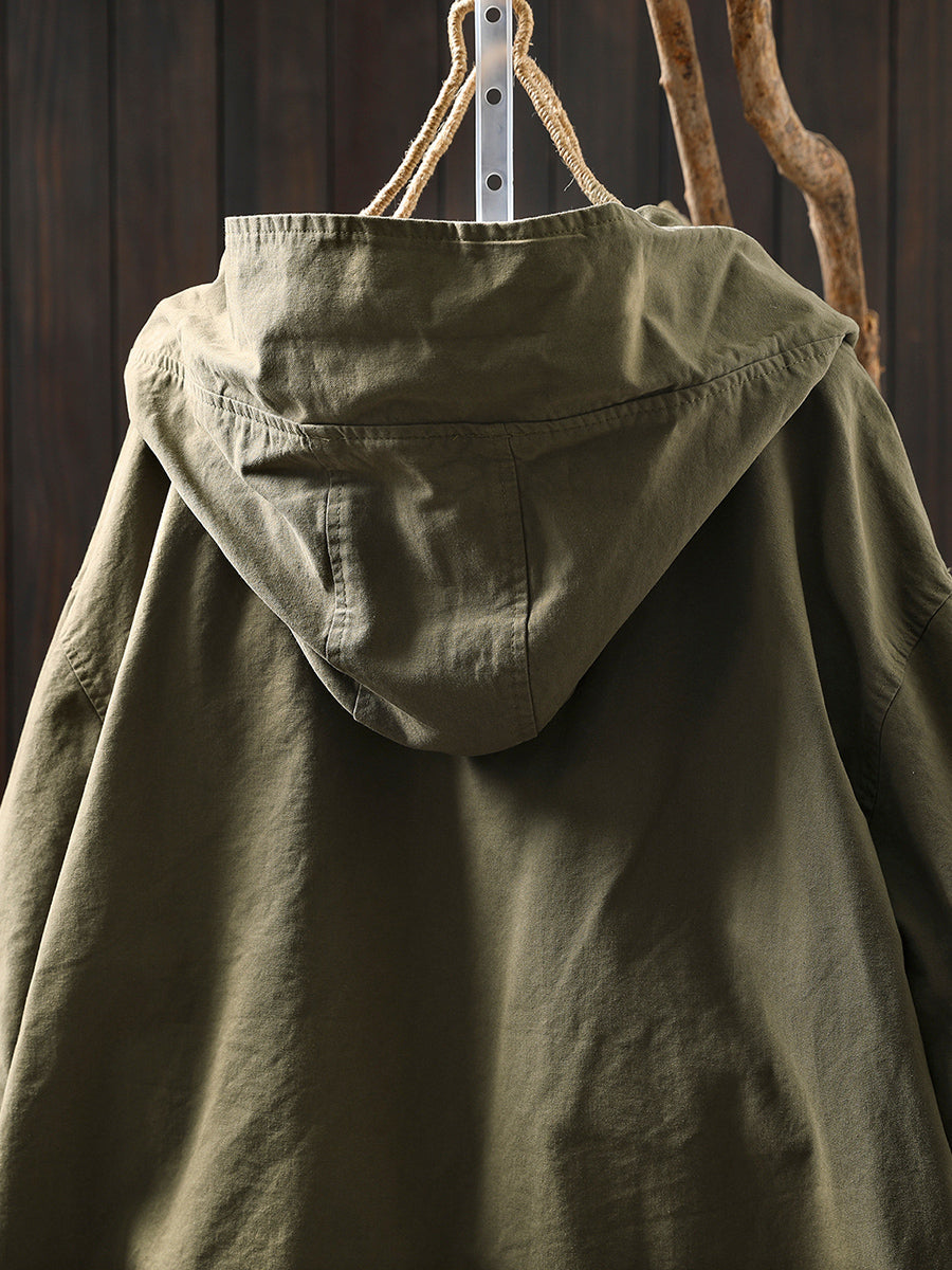 Women Autumn Casual Pure Color Hooded Cotton Jacket