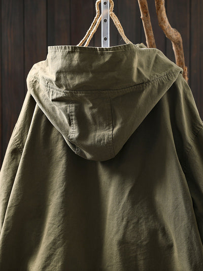 Women Autumn Casual Pure Color Hooded Cotton Jacket
