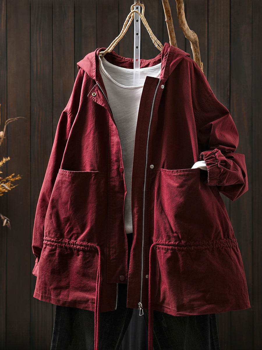 Women Autumn Casual Pure Color Hooded Cotton Jacket