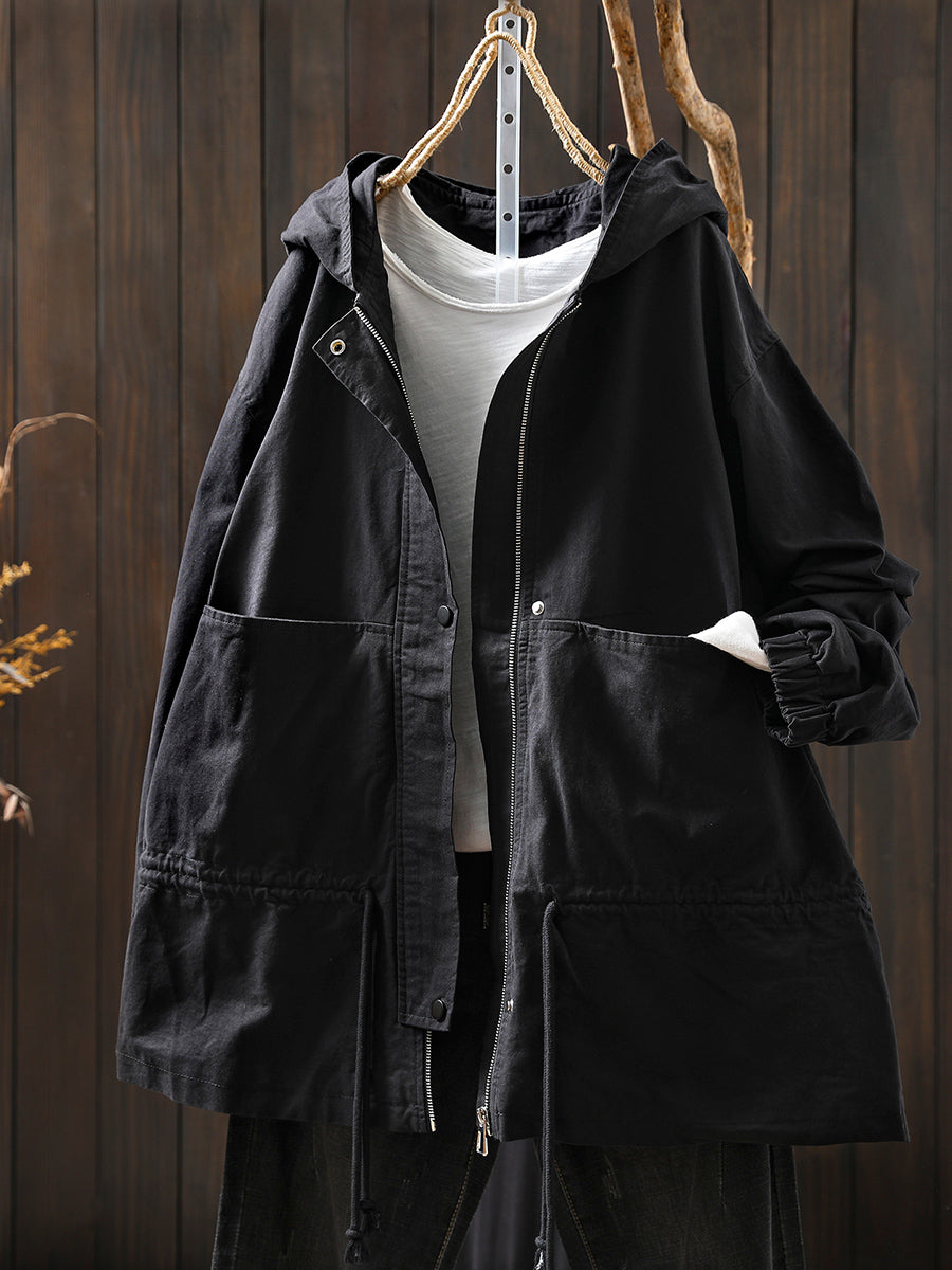 Women Autumn Casual Pure Color Hooded Cotton Jacket