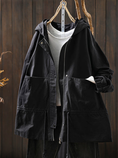 Women Autumn Casual Pure Color Hooded Cotton Jacket