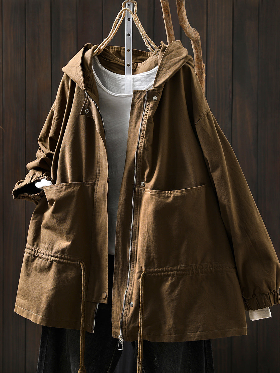 Women Autumn Casual Pure Color Hooded Cotton Jacket