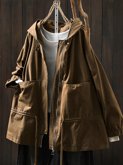 Women Autumn Casual Pure Color Hooded Cotton Jacket