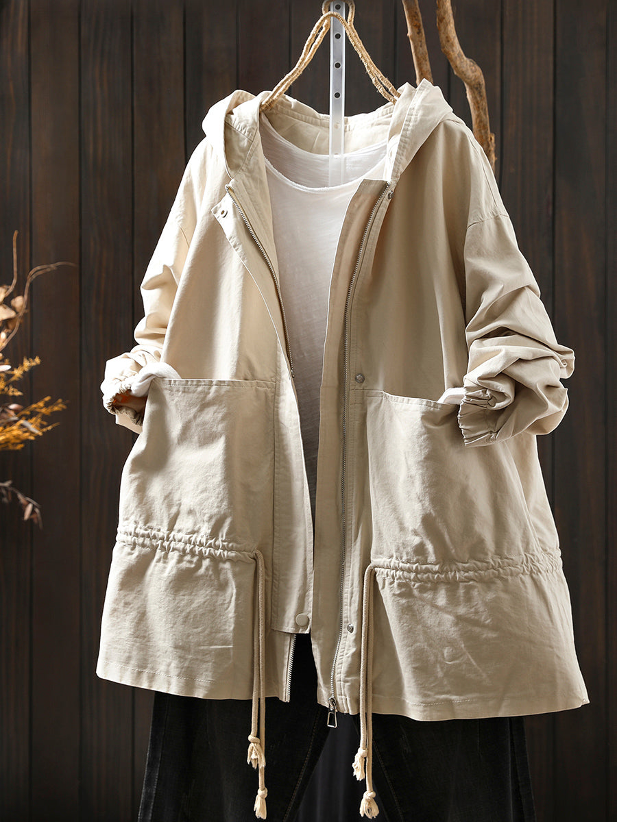 Women Autumn Casual Pure Color Hooded Cotton Jacket