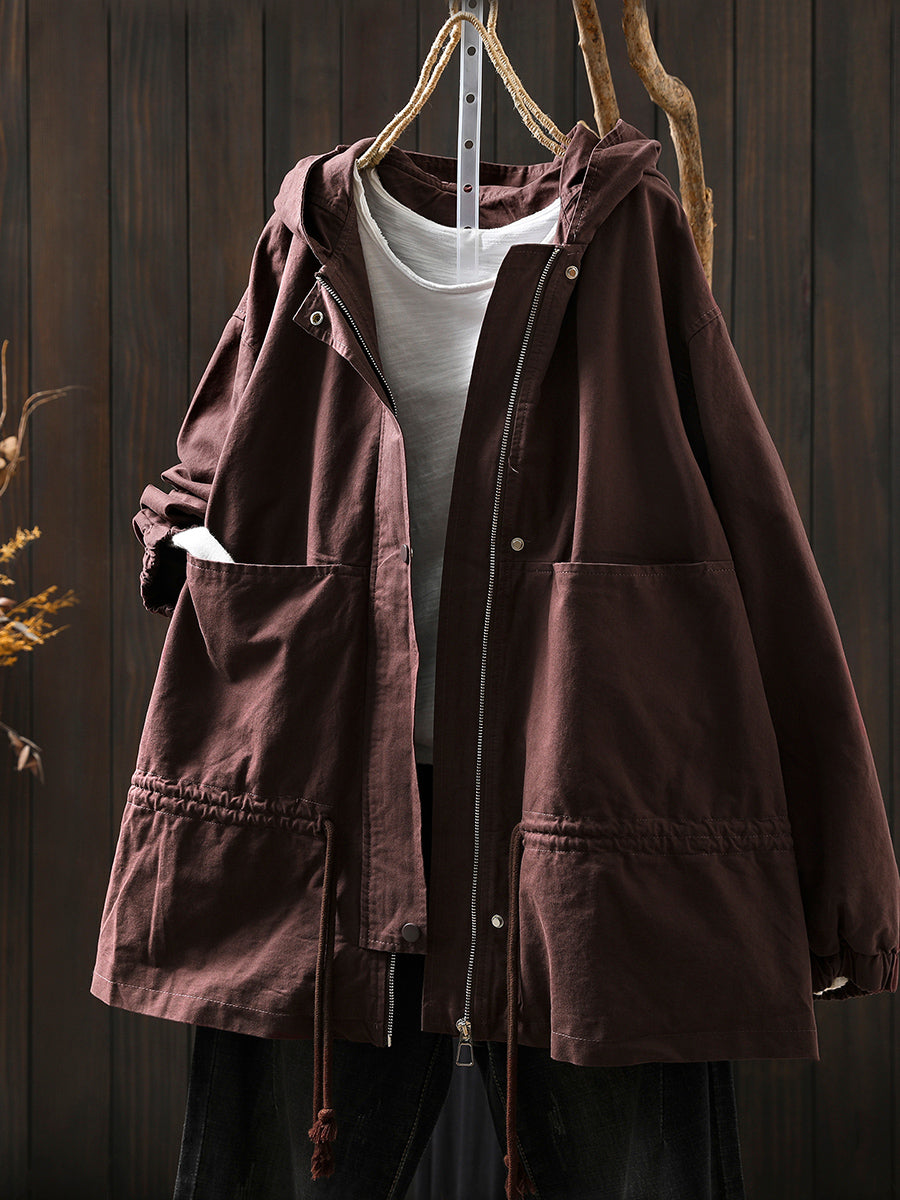 Women Autumn Casual Pure Color Hooded Cotton Jacket