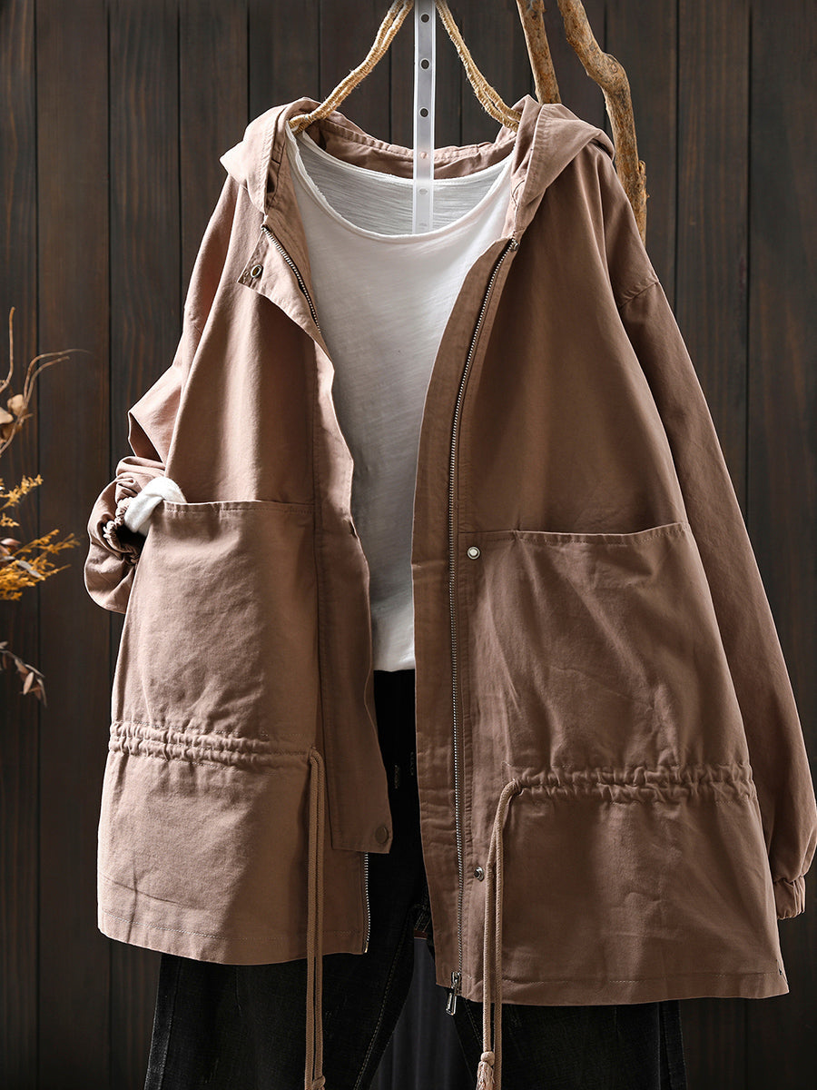 Women Autumn Casual Pure Color Hooded Cotton Jacket