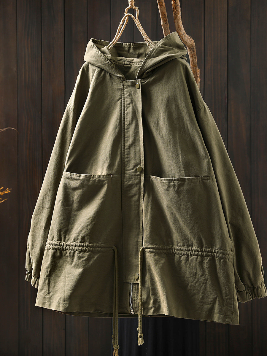 Women Autumn Casual Pure Color Hooded Cotton Jacket