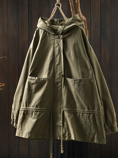 Women Autumn Casual Pure Color Hooded Cotton Jacket