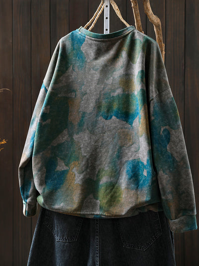 Women Autumn Fashion Tie-dye O-Neck 100%Cotton Blouse