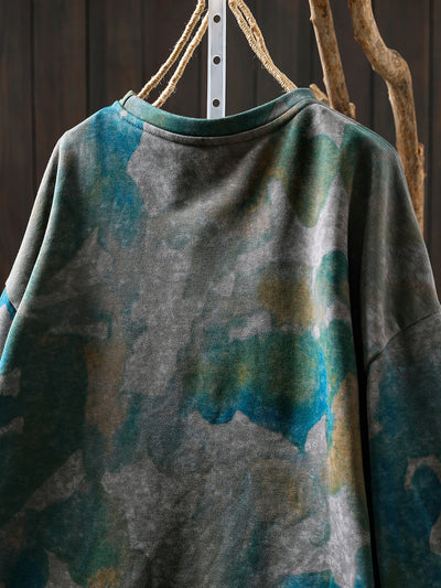 Women Autumn Fashion Tie-dye O-Neck 100%Cotton Blouse