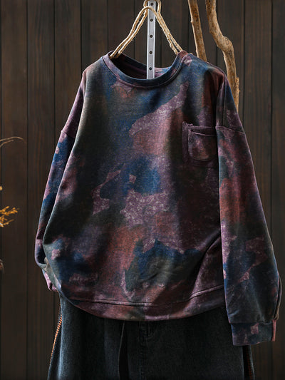 Women Autumn Fashion Tie-dye O-Neck 100%Cotton Blouse