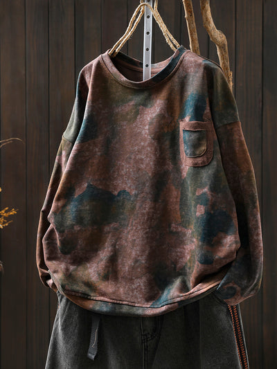 Women Autumn Fashion Tie-dye O-Neck 100%Cotton Blouse