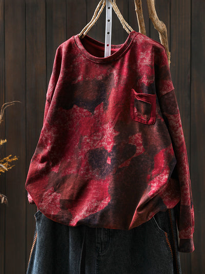 Women Autumn Fashion Tie-dye O-Neck 100%Cotton Blouse