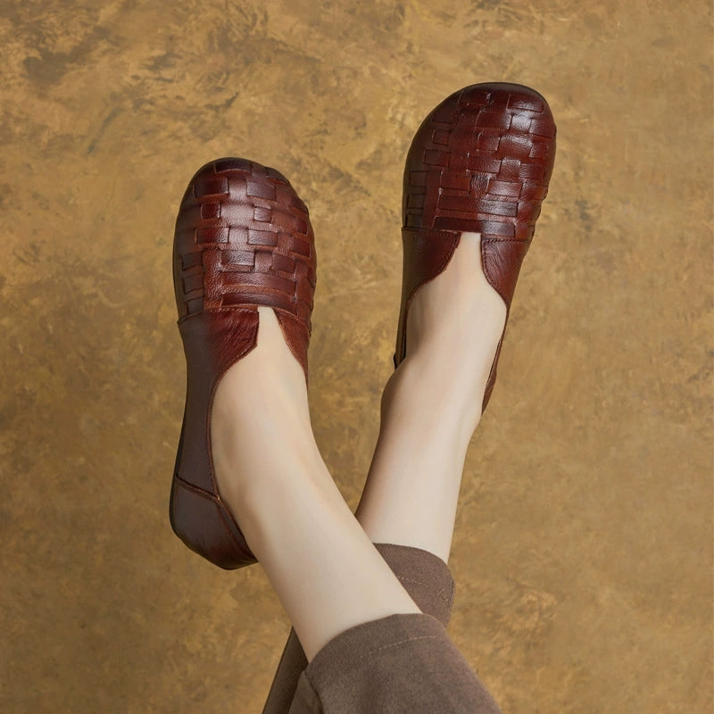 Women Vintage Genuine Leather Weave Flat Shoes