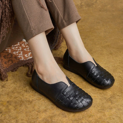 Women Vintage Genuine Leather Weave Flat Shoes