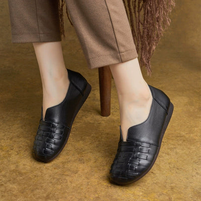 Women Vintage Genuine Leather Weave Flat Shoes