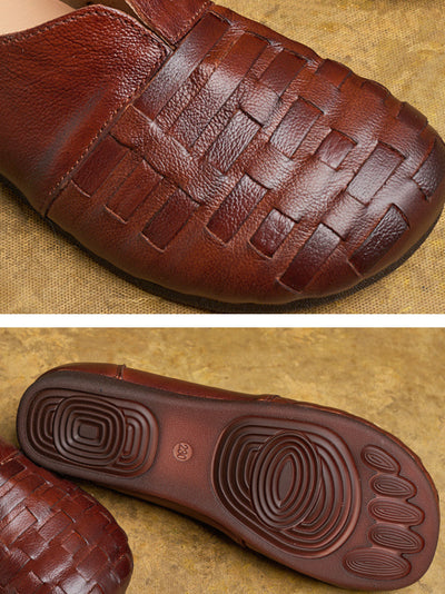 Women Vintage Genuine Leather Weave Flat Shoes