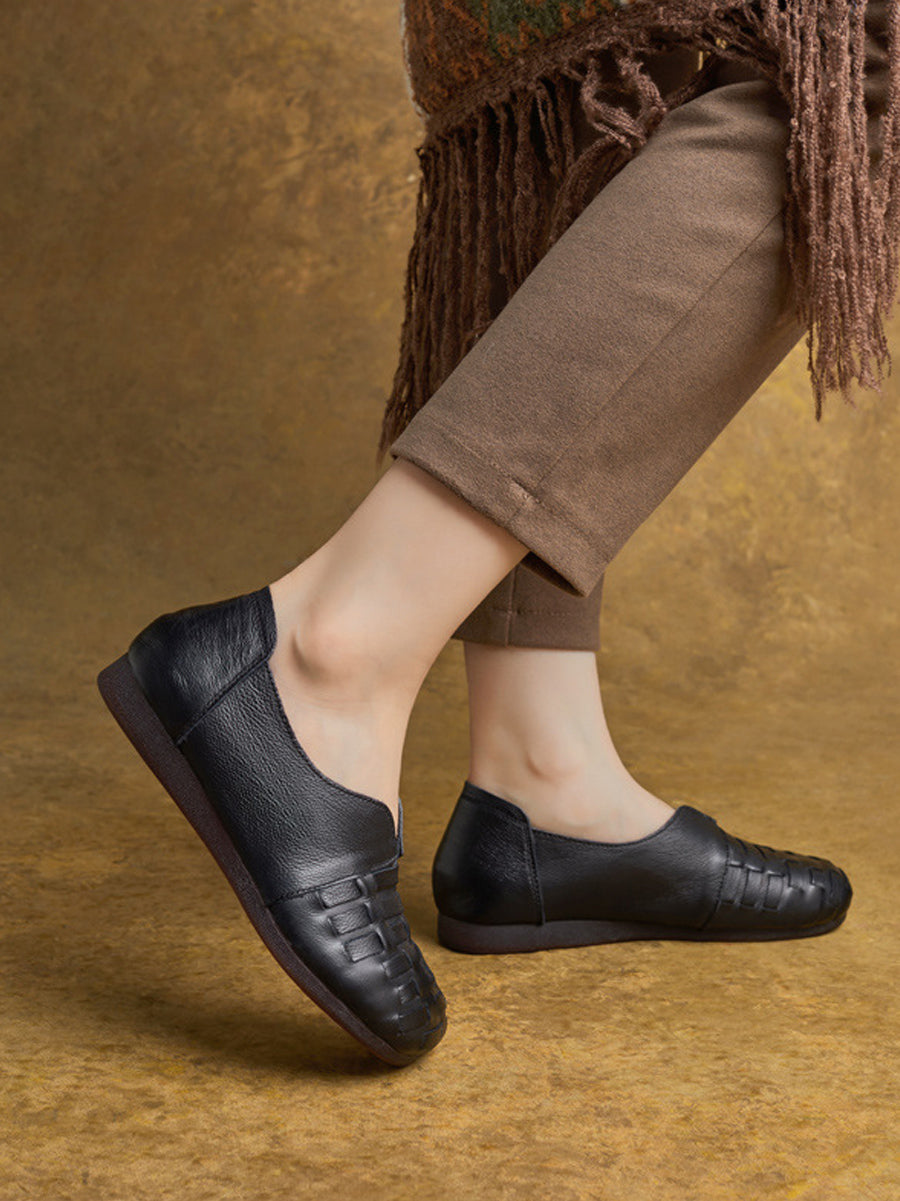 Women Vintage Genuine Leather Weave Flat Shoes
