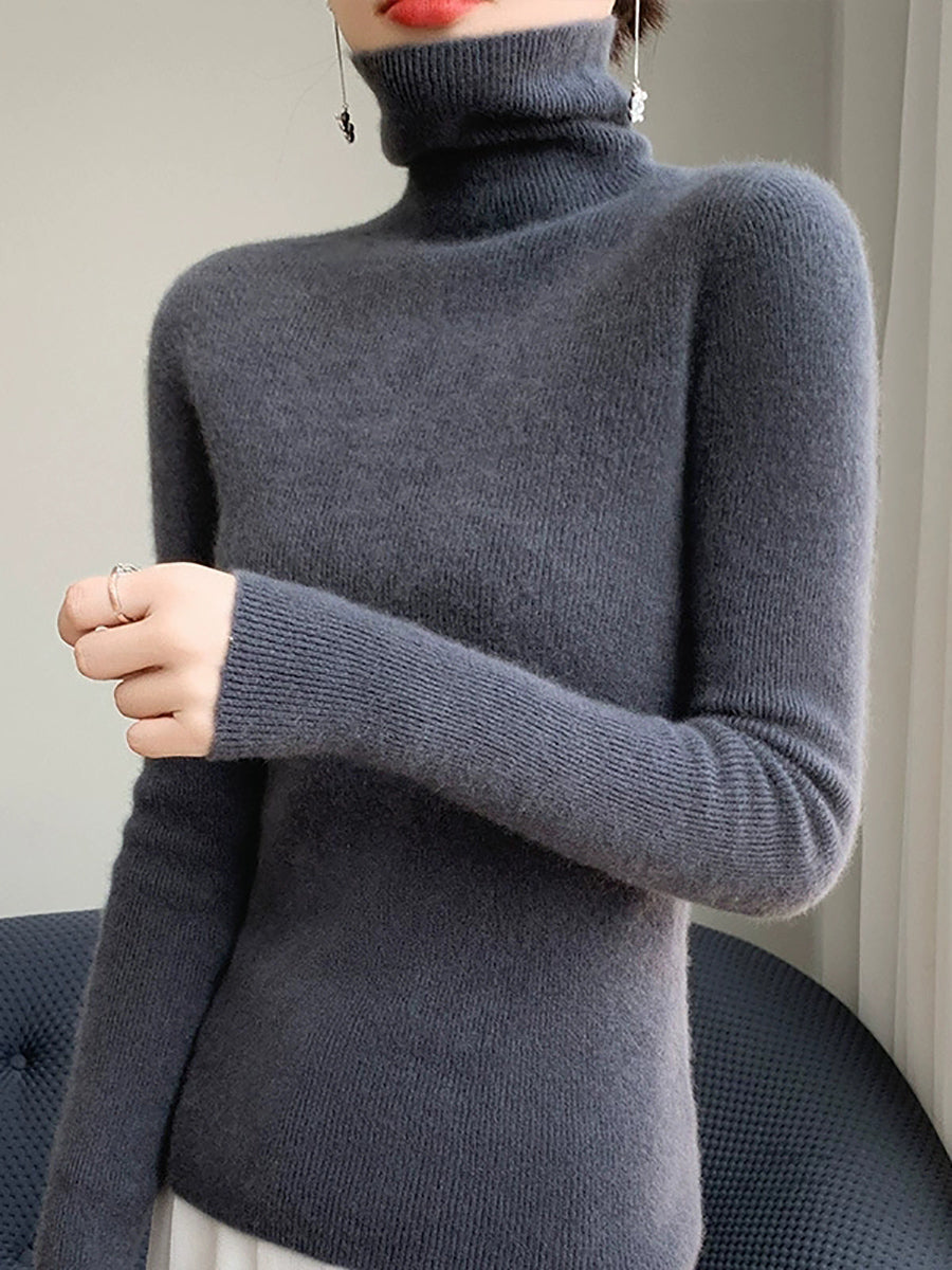 Women Autumn Casual Pure Color Knitted Turtleneck Sweater