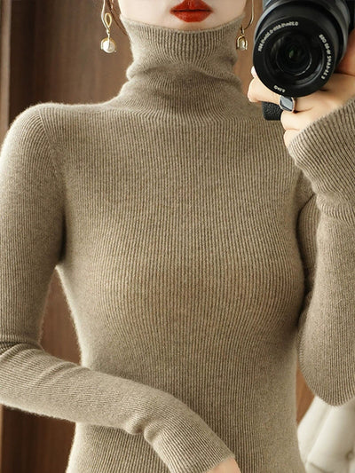 Women Autumn Casual Pure Color Knitted Turtleneck Sweater