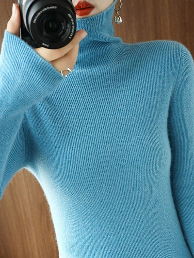 Women Autumn Casual Pure Color Knitted Turtleneck Sweater