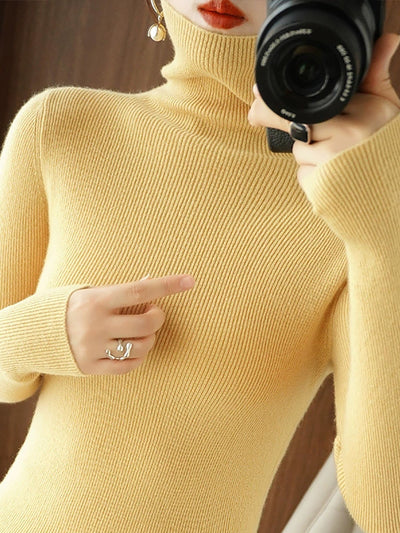 Women Autumn Casual Pure Color Knitted Turtleneck Sweater